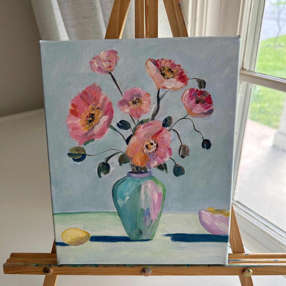 Original acrylic painting Pink Floral in Teal Vase